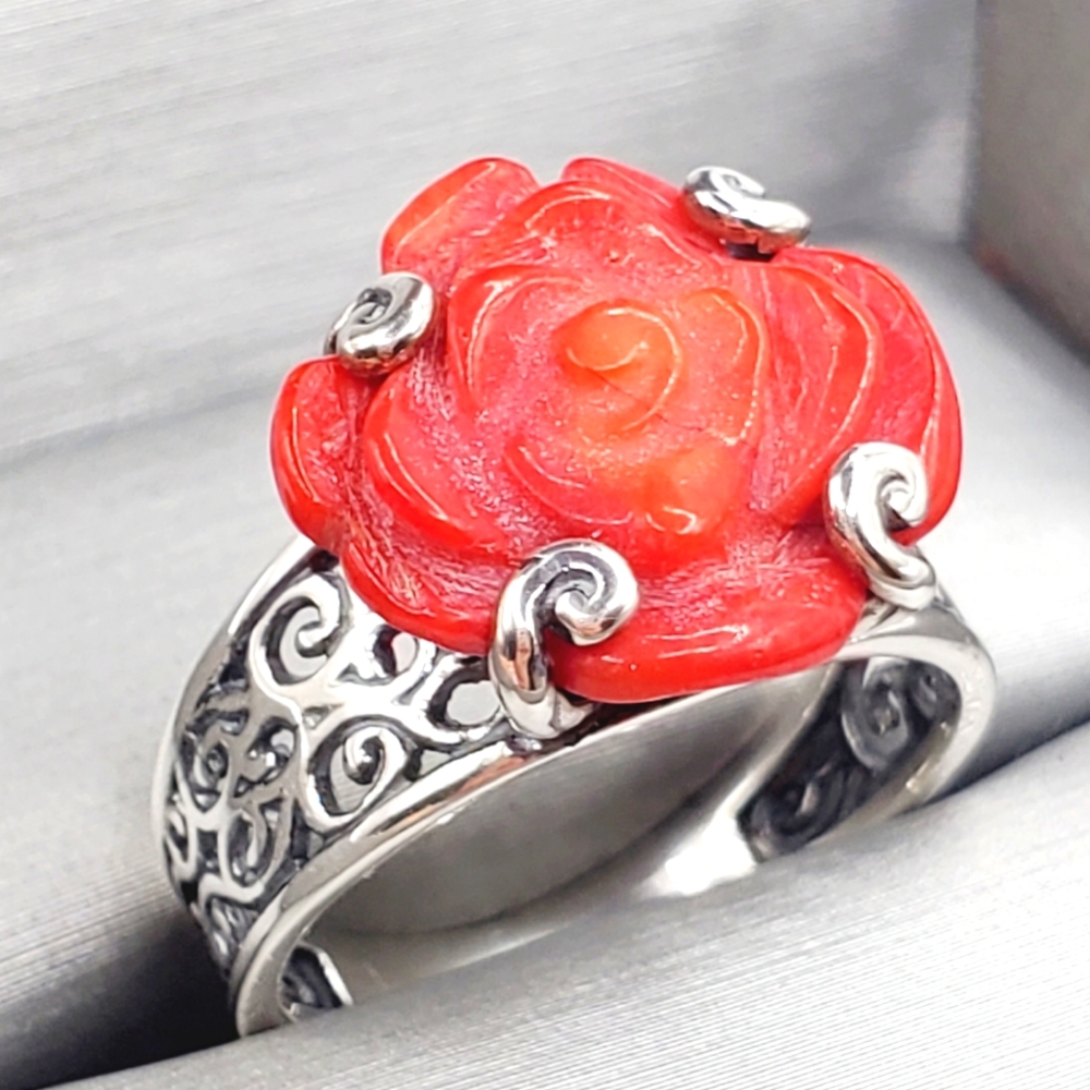 925 Sterling Silver Coral Ring Rose Ring Flower Ring Red Ring